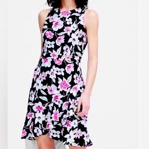 Banana Republic dress. Floral navy and pink. Ruffle at hem.
